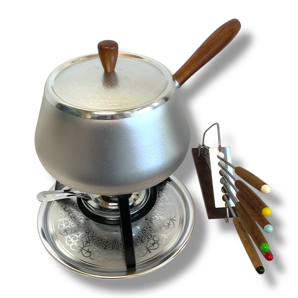 Vintage Marafuto Fondue Set Complete Etched Silver Metal & Forks in Original Box